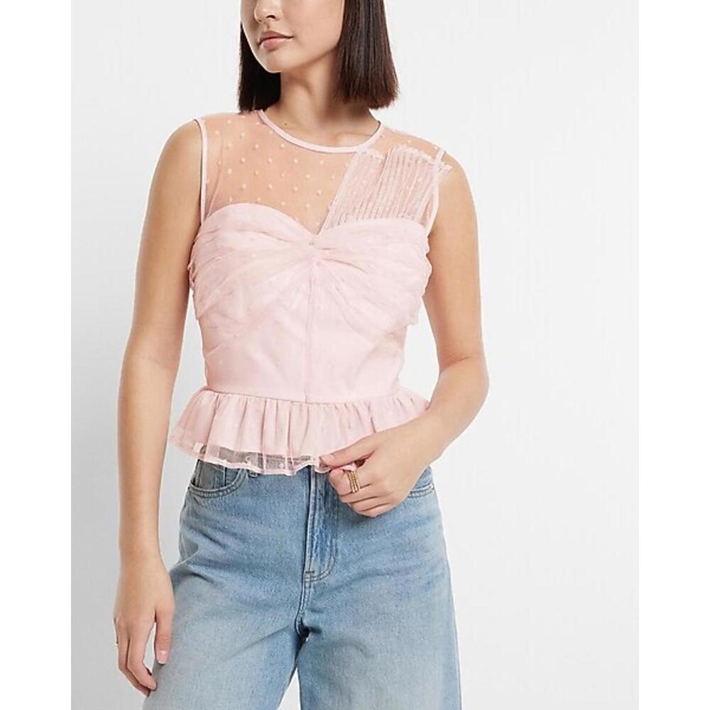 Express Tulle Pink Sleeveless Polka Dot Twist Front Top Size XS